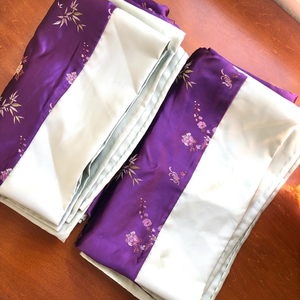 Handmade purple floral and mint satin fabric panel curtains - set of 2
